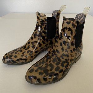J Crew Rain Chelsea Shiny Leopard Ankle Ruber Rain Boite Women’s Sz 8 Low Heel